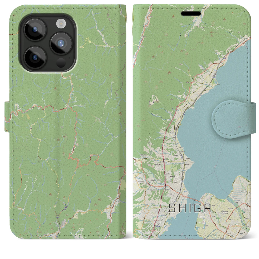 【志賀】地図柄iPhoneケース（手帳両面タイプ・ナチュラル）iPhone 15 Pro Max 用