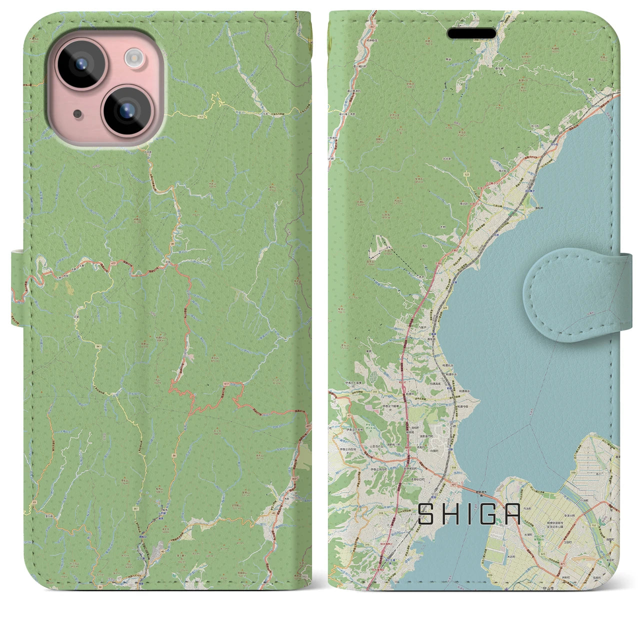 【志賀】地図柄iPhoneケース（手帳両面タイプ・ナチュラル）iPhone 15 Plus 用