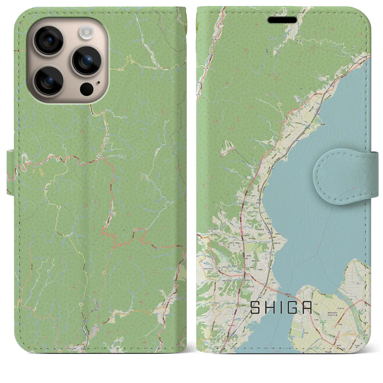 【志賀（滋賀県）】地図柄iPhoneケース（手帳タイプ）ナチュラル・iPhone 16 Plus 用