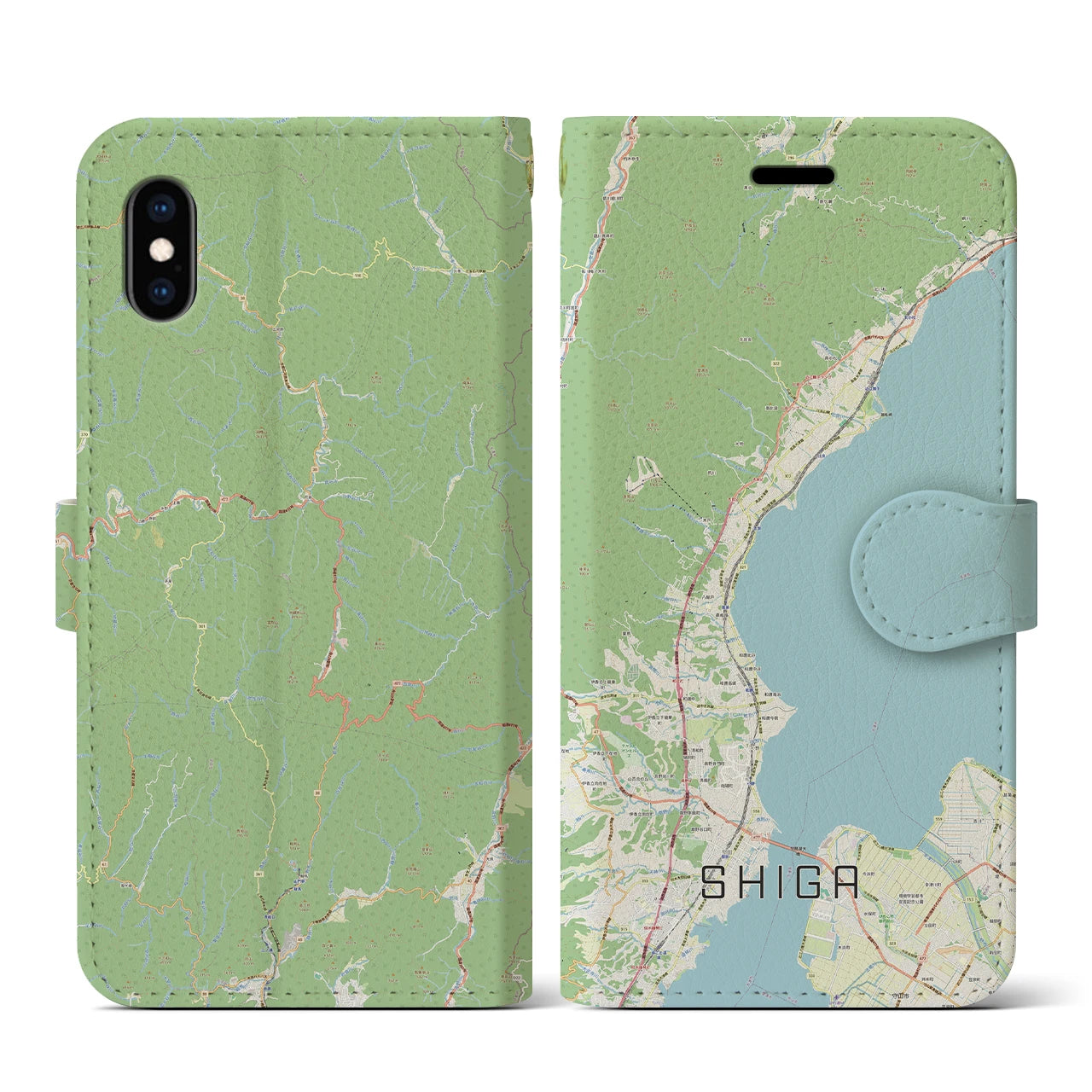 【志賀】地図柄iPhoneケース（手帳両面タイプ・ナチュラル）iPhone XS / X 用