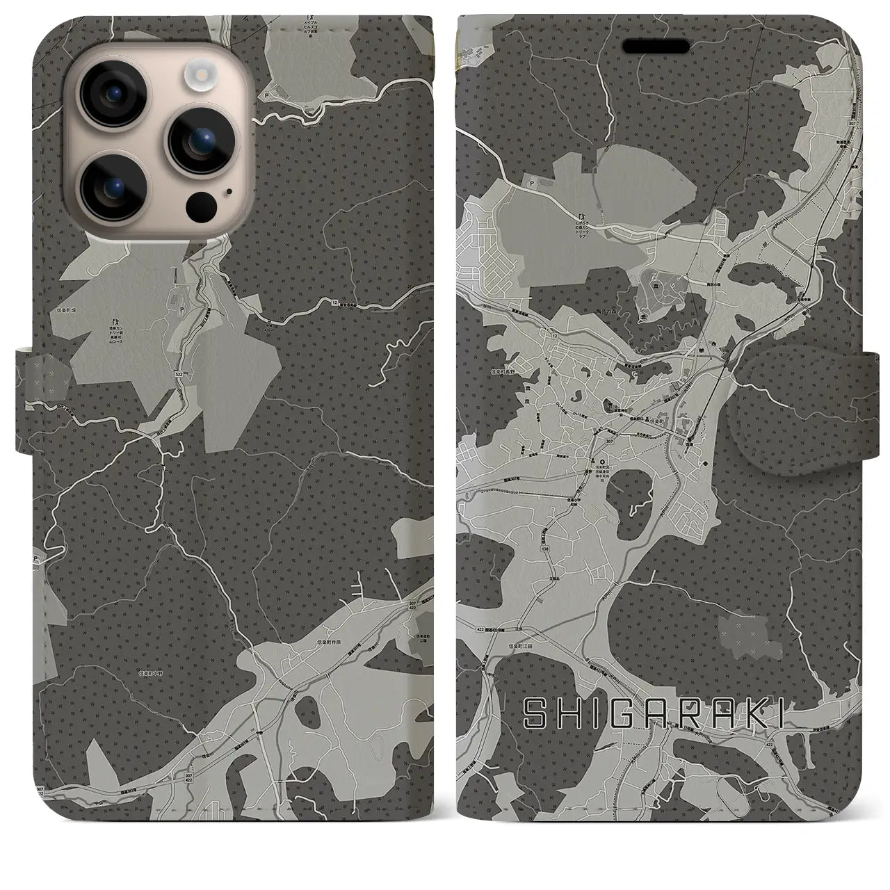 【信楽（滋賀県）】地図柄iPhoneケース（手帳タイプ）モノトーン・iPhone 16 Plus 用