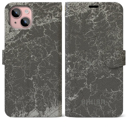 【椎葉（宮崎県）】地図柄iPhoneケース（手帳タイプ）モノトーン・iPhone 15 Plus 用