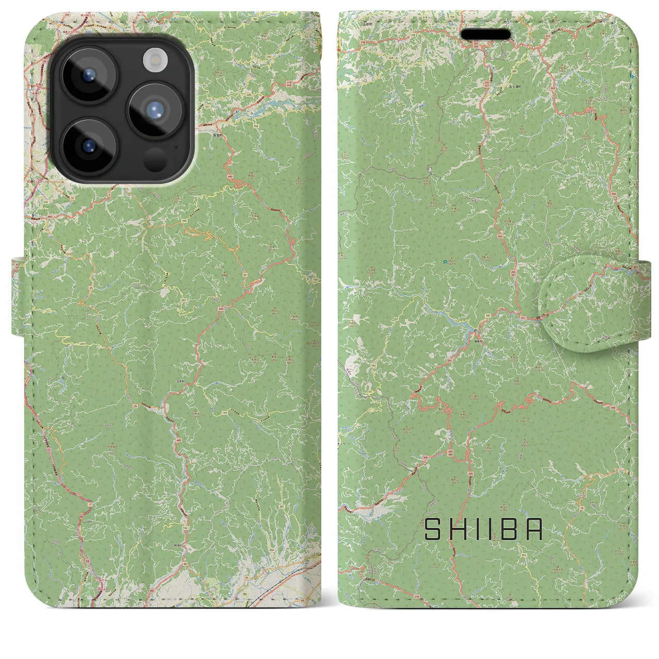 【椎葉（宮崎県）】地図柄iPhoneケース（手帳タイプ）ナチュラル・iPhone 15 Pro Max 用