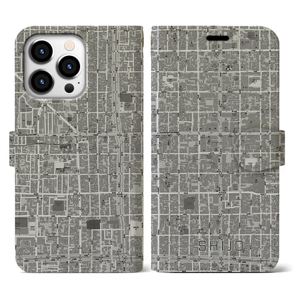 【四条（京都府）】地図柄iPhoneケース（手帳タイプ）モノトーン・iPhone 13 Pro 用