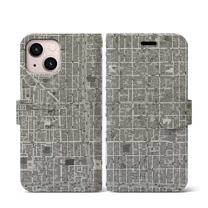 【四条（京都府）】地図柄iPhoneケース（手帳タイプ）モノトーン・iPhone 13 mini 用