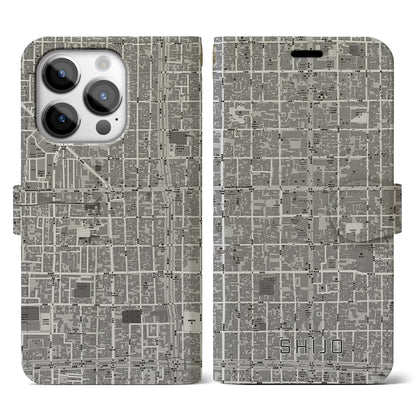 【四条（京都府）】地図柄iPhoneケース（手帳タイプ）モノトーン・iPhone 14 Pro 用