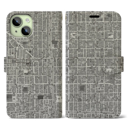 【四条（京都府）】地図柄iPhoneケース（手帳タイプ）モノトーン・iPhone 15 用