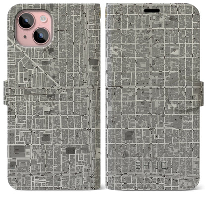 【四条（京都府）】地図柄iPhoneケース（手帳タイプ）モノトーン・iPhone 15 Plus 用