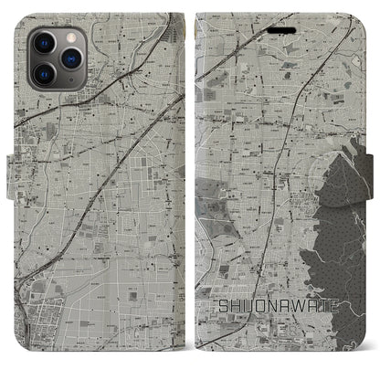 【四条畷（大阪府）】地図柄iPhoneケース（手帳タイプ）モノトーン・iPhone 11 Pro Max 用