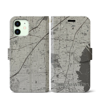 【四条畷（大阪府）】地図柄iPhoneケース（手帳タイプ）モノトーン・iPhone 12 mini 用