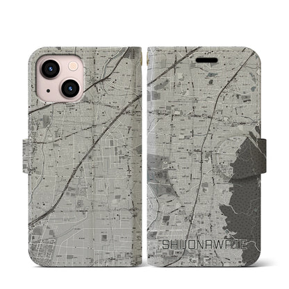 【四条畷（大阪府）】地図柄iPhoneケース（手帳タイプ）モノトーン・iPhone 13 mini 用