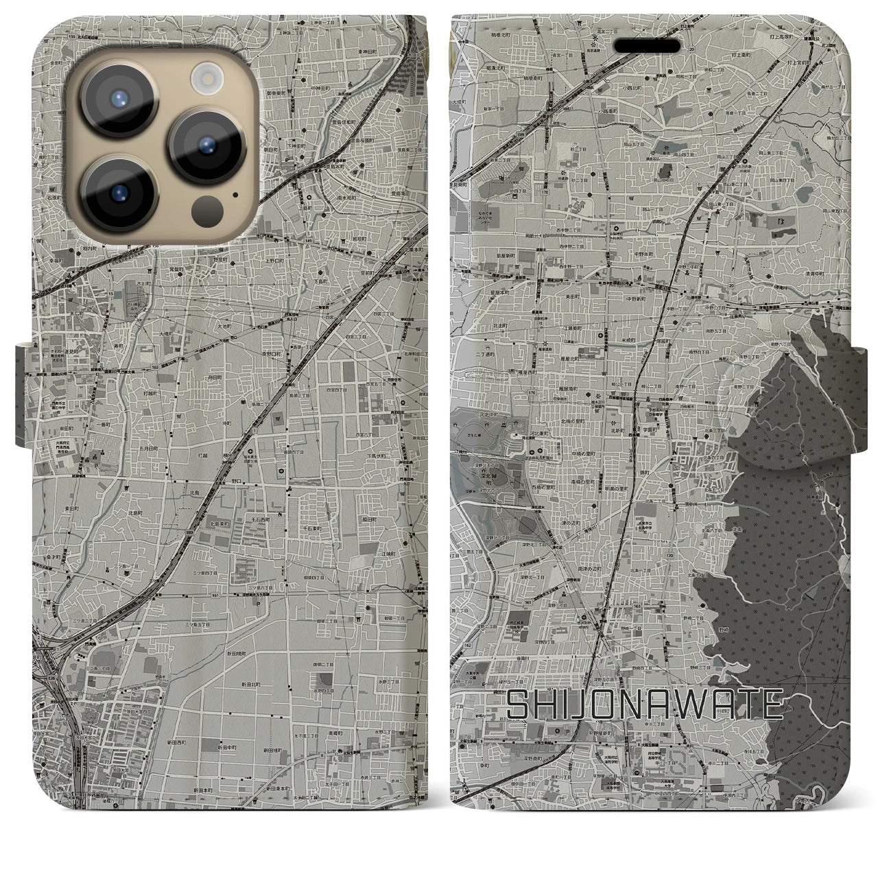 【四条畷】地図柄iPhoneケース（手帳両面タイプ・モノトーン）iPhone 14 Pro Max 用