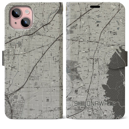 【四条畷（大阪府）】地図柄iPhoneケース（手帳タイプ）モノトーン・iPhone 15 Plus 用