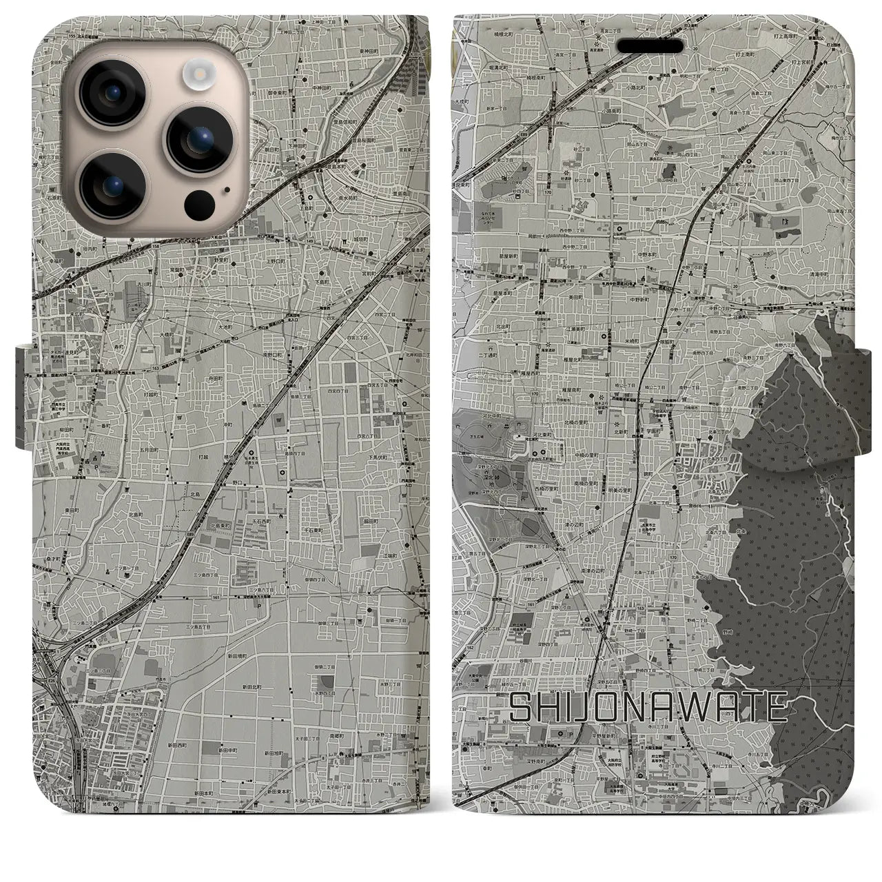 【四条畷（大阪府）】地図柄iPhoneケース（手帳タイプ）モノトーン・iPhone 16 Plus 用