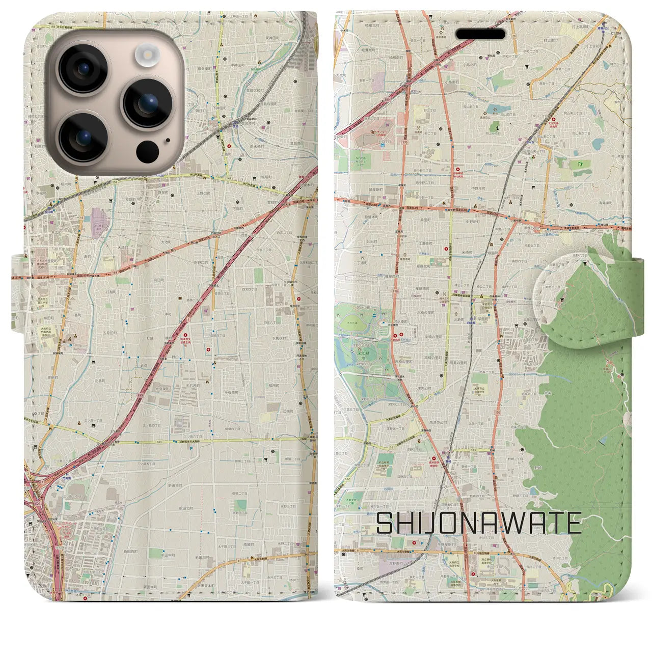 【四条畷（大阪府）】地図柄iPhoneケース（手帳タイプ）ナチュラル・iPhone 16 Plus 用