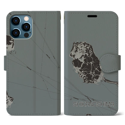 【志賀島（福岡県）】地図柄iPhoneケース（手帳タイプ）モノトーン・iPhone 12 / 12 Pro 用