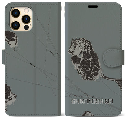 【志賀島（福岡県）】地図柄iPhoneケース（手帳タイプ）モノトーン・iPhone 12 Pro Max 用