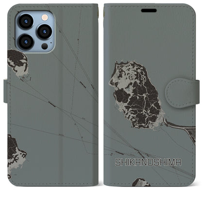 【志賀島（福岡県）】地図柄iPhoneケース（手帳タイプ）モノトーン・iPhone 13 Pro Max 用