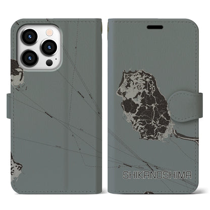 【志賀島（福岡県）】地図柄iPhoneケース（手帳タイプ）モノトーン・iPhone 13 Pro 用