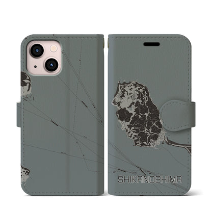 【志賀島（福岡県）】地図柄iPhoneケース（手帳タイプ）モノトーン・iPhone 13 mini 用