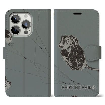 【志賀島（福岡県）】地図柄iPhoneケース（手帳タイプ）モノトーン・iPhone 15 Pro 用