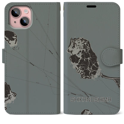 【志賀島（福岡県）】地図柄iPhoneケース（手帳タイプ）モノトーン・iPhone 15 Plus 用