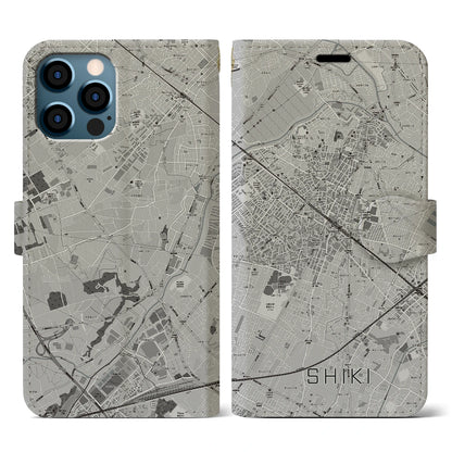 【志木（埼玉県）】地図柄iPhoneケース（手帳タイプ）モノトーン・iPhone 12 / 12 Pro 用
