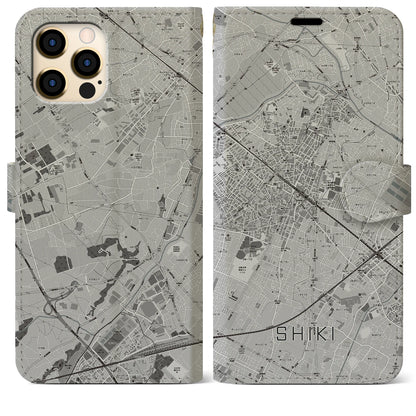 【志木（埼玉県）】地図柄iPhoneケース（手帳タイプ）モノトーン・iPhone 12 Pro Max 用