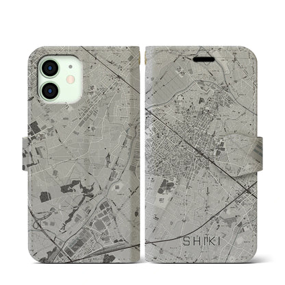 【志木（埼玉県）】地図柄iPhoneケース（手帳タイプ）モノトーン・iPhone 12 mini 用