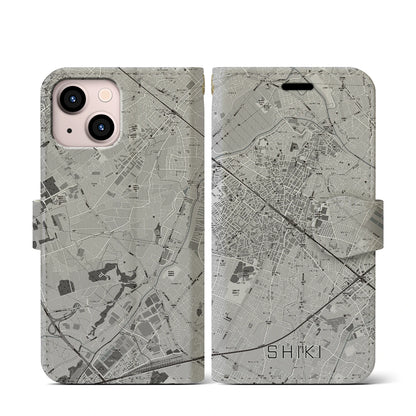 【志木（埼玉県）】地図柄iPhoneケース（手帳タイプ）モノトーン・iPhone 13 mini 用