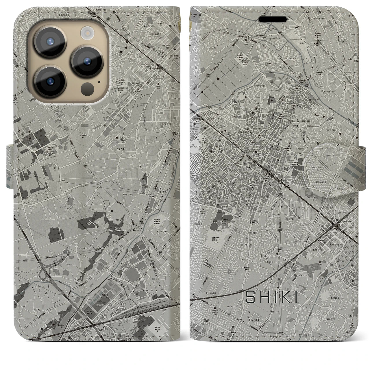【志木】地図柄iPhoneケース（手帳両面タイプ・モノトーン）iPhone 14 Pro Max 用