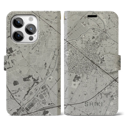【志木（埼玉県）】地図柄iPhoneケース（手帳タイプ）モノトーン・iPhone 14 Pro 用