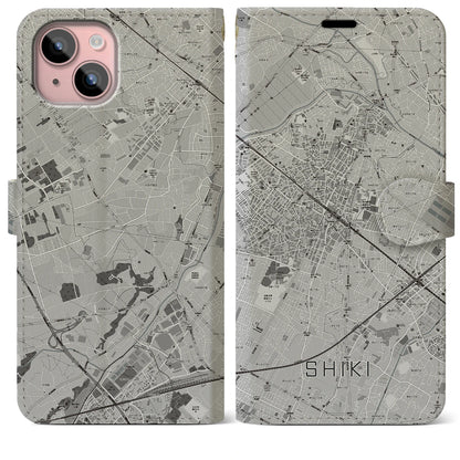【志木（埼玉県）】地図柄iPhoneケース（手帳タイプ）モノトーン・iPhone 15 Plus 用