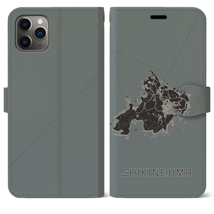 【式根島（東京都）】地図柄iPhoneケース（手帳タイプ）モノトーン・iPhone 11 Pro Max 用