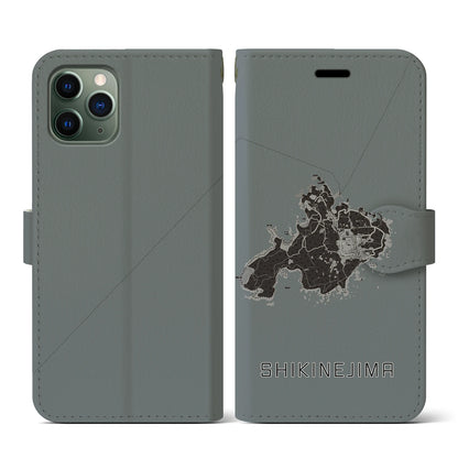 【式根島（東京都）】地図柄iPhoneケース（手帳タイプ）モノトーン・iPhone 11 Pro 用