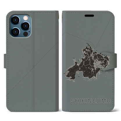 【式根島（東京都）】地図柄iPhoneケース（手帳タイプ）モノトーン・iPhone 12 / 12 Pro 用