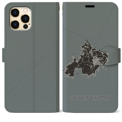 【式根島（東京都）】地図柄iPhoneケース（手帳タイプ）モノトーン・iPhone 12 Pro Max 用