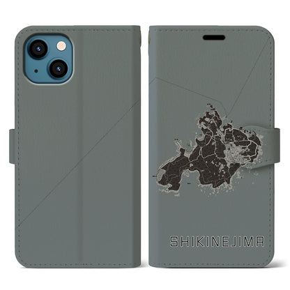 【式根島（東京都）】地図柄iPhoneケース（手帳タイプ）モノトーン・iPhone 13 用