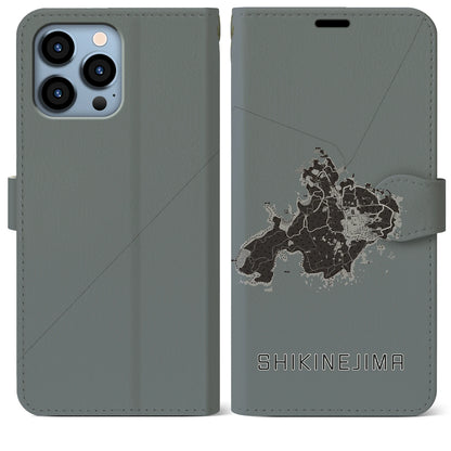 【式根島（東京都）】地図柄iPhoneケース（手帳タイプ）モノトーン・iPhone 13 Pro Max 用