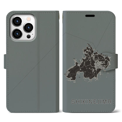 【式根島（東京都）】地図柄iPhoneケース（手帳タイプ）モノトーン・iPhone 13 Pro 用
