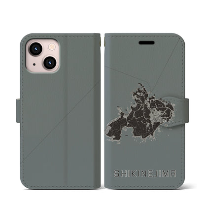 【式根島（東京都）】地図柄iPhoneケース（手帳タイプ）モノトーン・iPhone 13 mini 用