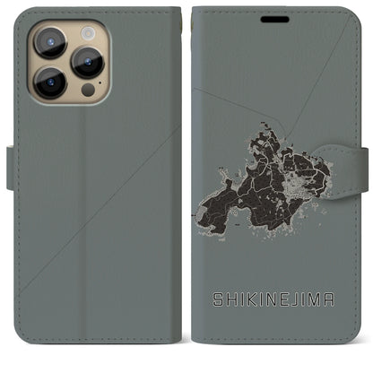 【式根島（東京都）】地図柄iPhoneケース（手帳タイプ）モノトーン・iPhone 14 Pro Max 用