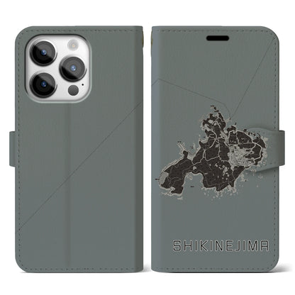 【式根島（東京都）】地図柄iPhoneケース（手帳タイプ）モノトーン・iPhone 14 Pro 用