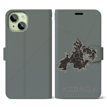 【式根島（東京都）】地図柄iPhoneケース（手帳タイプ）モノトーン・iPhone 15 用