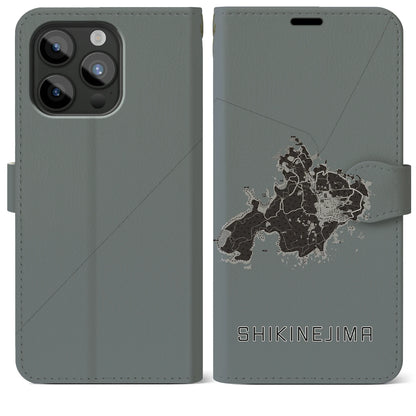 【式根島（東京都）】地図柄iPhoneケース（手帳タイプ）モノトーン・iPhone 15 Pro Max 用