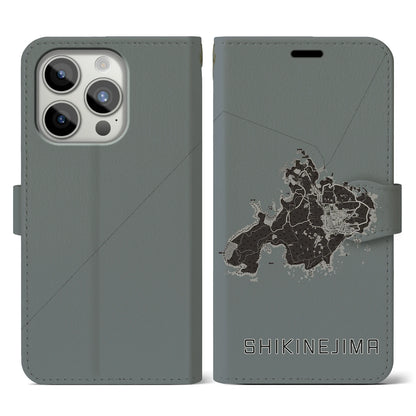 【式根島（東京都）】地図柄iPhoneケース（手帳タイプ）モノトーン・iPhone 15 Pro 用