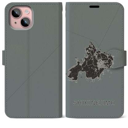 【式根島（東京都）】地図柄iPhoneケース（手帳タイプ）モノトーン・iPhone 15 Plus 用