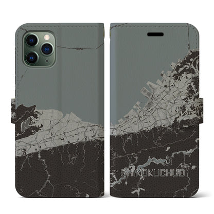 【四国中央（愛媛県）】地図柄iPhoneケース（手帳タイプ）モノトーン・iPhone 11 Pro 用