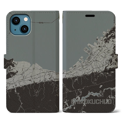 【四国中央（愛媛県）】地図柄iPhoneケース（手帳タイプ）モノトーン・iPhone 13 用