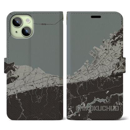 【四国中央（愛媛県）】地図柄iPhoneケース（手帳タイプ）モノトーン・iPhone 15 用